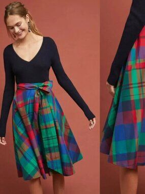 Maeve Anthropologie Multi Colored Plaid Taffeta Taffeta Midi Skirt  $148